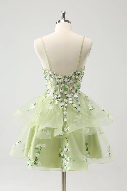 Amzcw Floral Light Green A Line Spaghetti Straps Corset Short Homecoming Dress with Appliqued