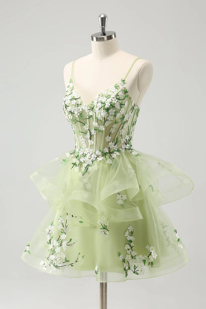 Amzcw Floral Light Green A Line Spaghetti Straps Corset Short Homecoming Dress with Appliqued