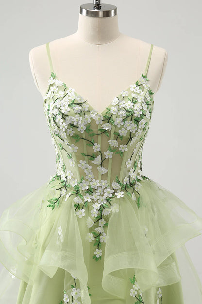 Amzcw Floral Light Green A Line Spaghetti Straps Corset Short Homecoming Dress with Appliqued