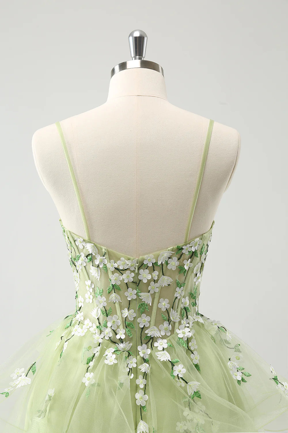 Amzcw Floral Light Green A Line Spaghetti Straps Corset Short Homecoming Dress with Appliqued