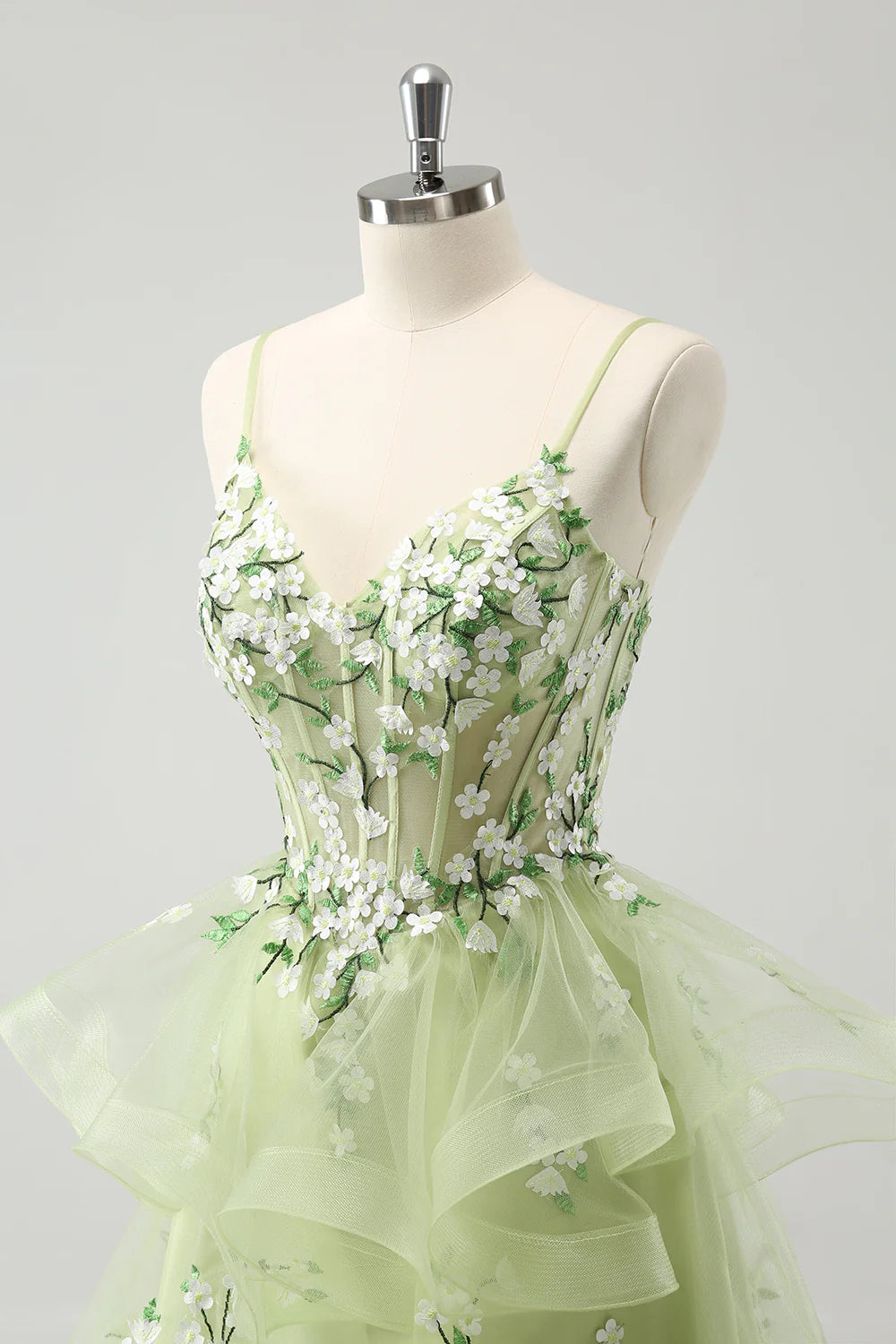 Amzcw Floral Light Green A Line Spaghetti Straps Corset Short Homecoming Dress with Appliqued