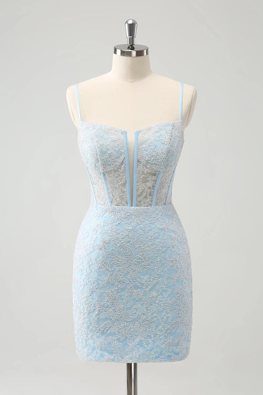 Amzcw Light Blue Corset Spaghetti Straps Short Tight Homecoming Dresses with Lace Up Back