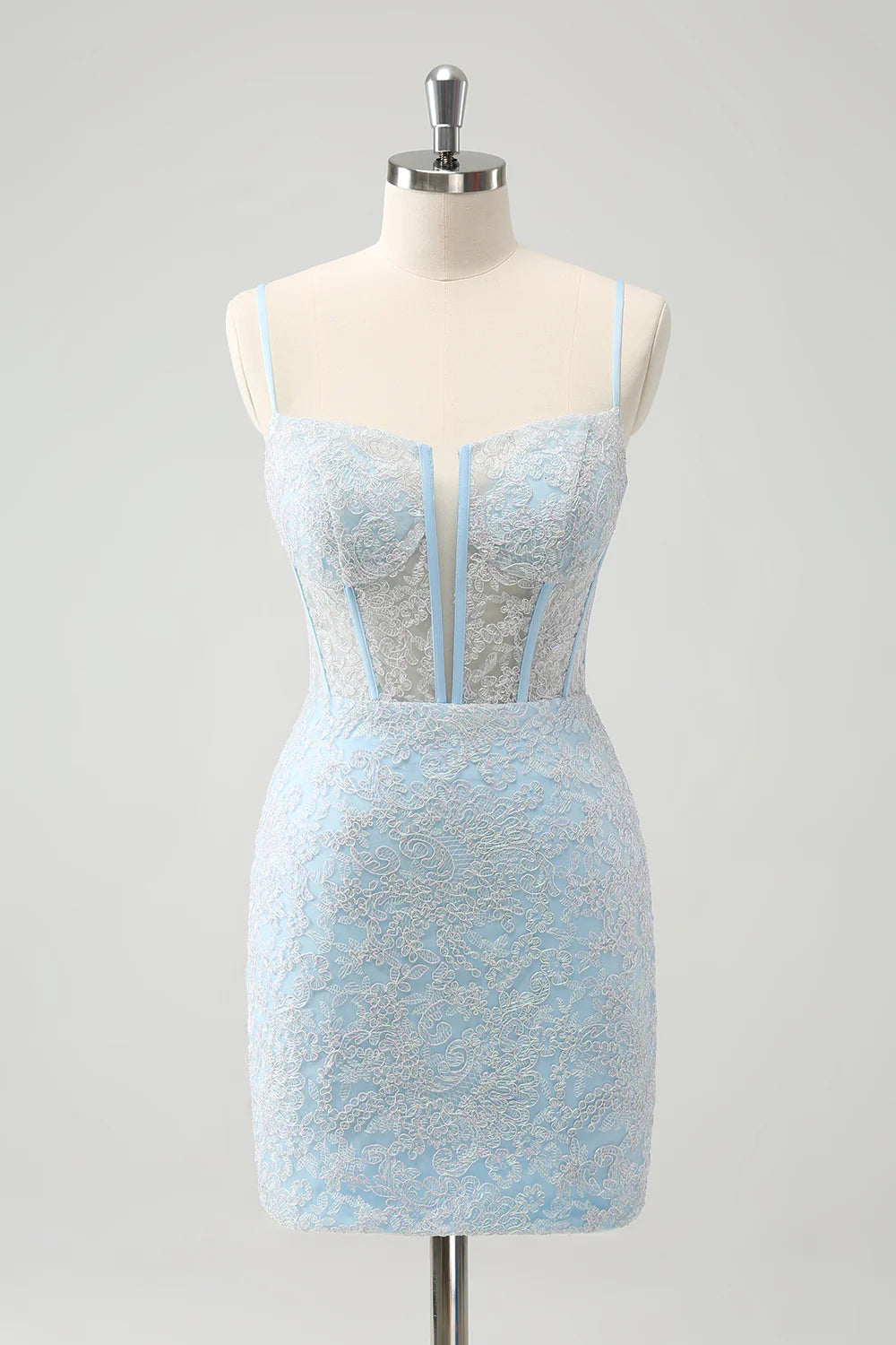 Amzcw Light Blue Corset Spaghetti Straps Short Tight Homecoming Dresses with Lace Up Back