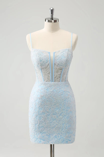 Amzcw Light Blue Corset Spaghetti Straps Short Tight Homecoming Dresses with Lace Up Back