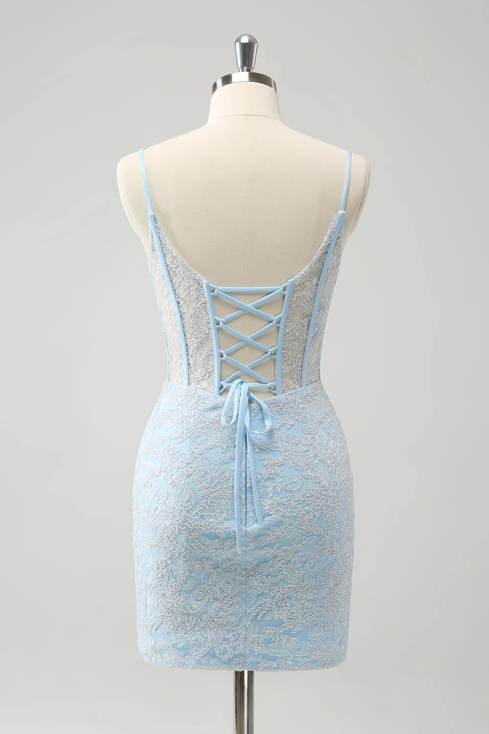 Amzcw Light Blue Corset Spaghetti Straps Short Tight Homecoming Dresses with Lace Up Back