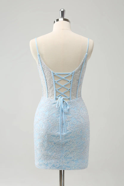 Amzcw Light Blue Corset Spaghetti Straps Short Tight Homecoming Dresses with Lace Up Back