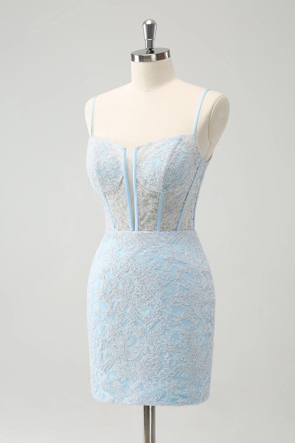 Amzcw Light Blue Corset Spaghetti Straps Short Tight Homecoming Dresses with Lace Up Back