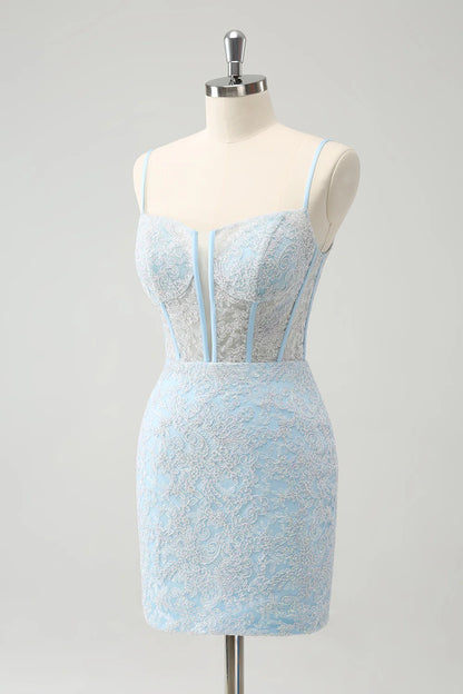 Amzcw Light Blue Corset Spaghetti Straps Short Tight Homecoming Dresses with Lace Up Back