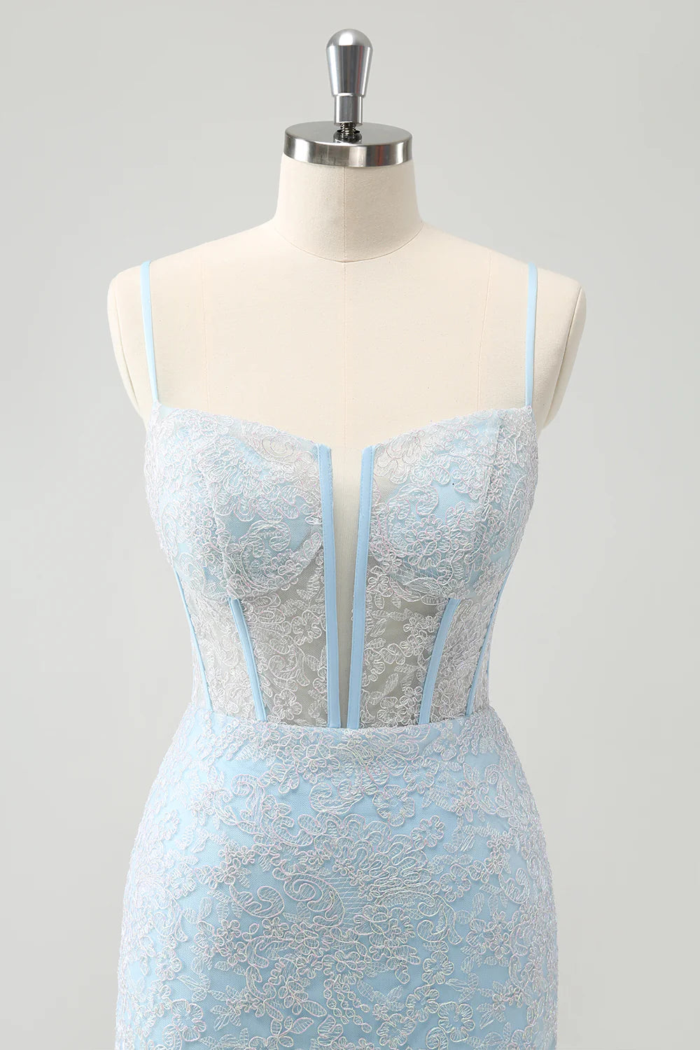Amzcw Light Blue Corset Spaghetti Straps Short Tight Homecoming Dresses with Lace Up Back