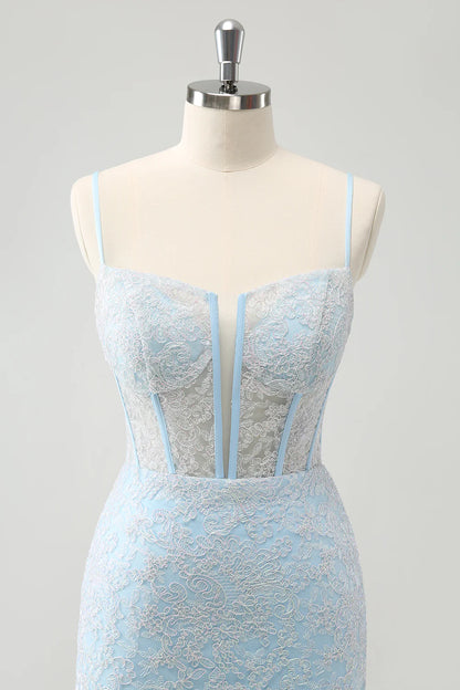 Amzcw Light Blue Corset Spaghetti Straps Short Tight Homecoming Dresses with Lace Up Back