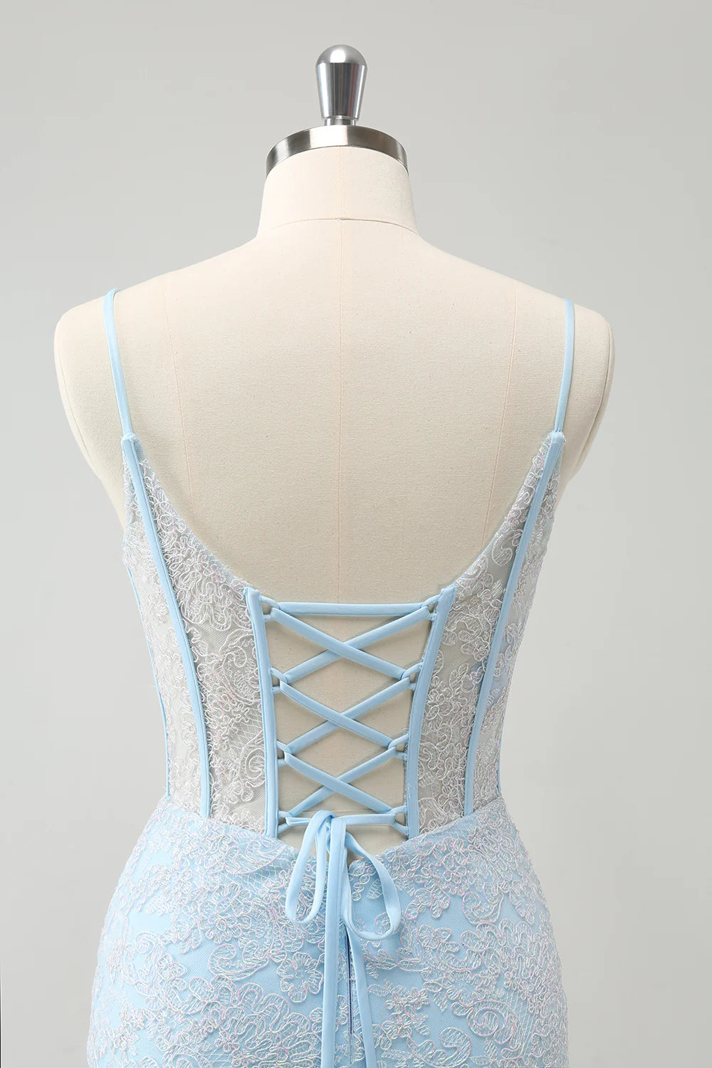 Amzcw Light Blue Corset Spaghetti Straps Short Tight Homecoming Dresses with Lace Up Back