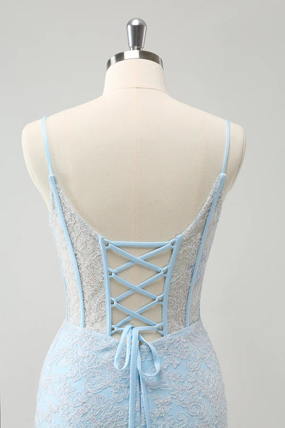 Amzcw Light Blue Corset Spaghetti Straps Short Tight Homecoming Dresses with Lace Up Back