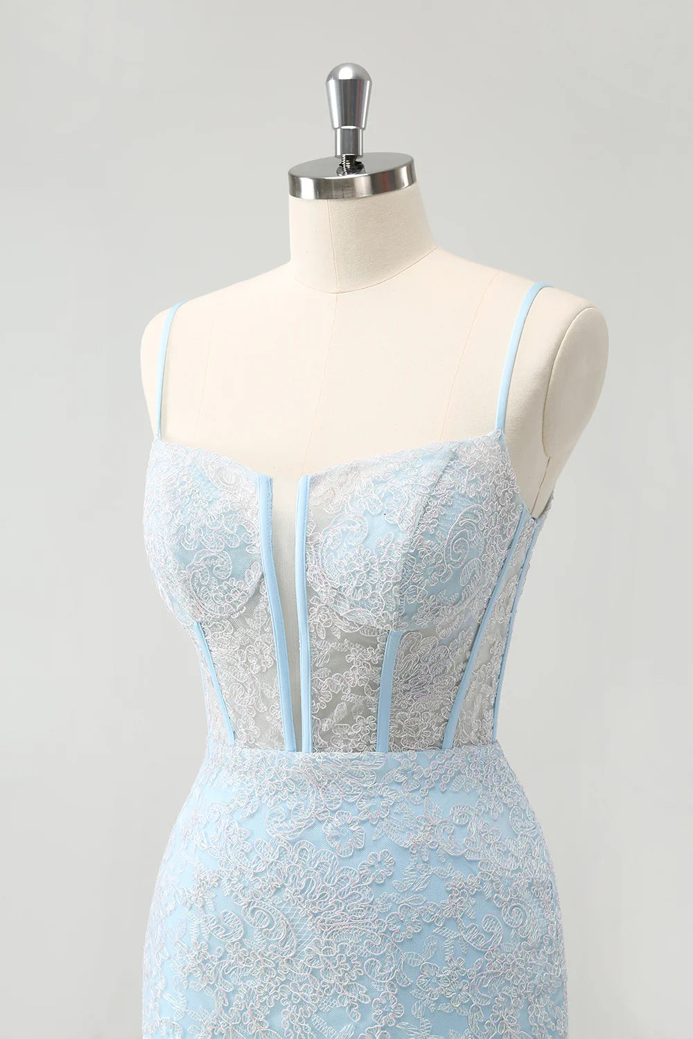 Amzcw Light Blue Corset Spaghetti Straps Short Tight Homecoming Dresses with Lace Up Back