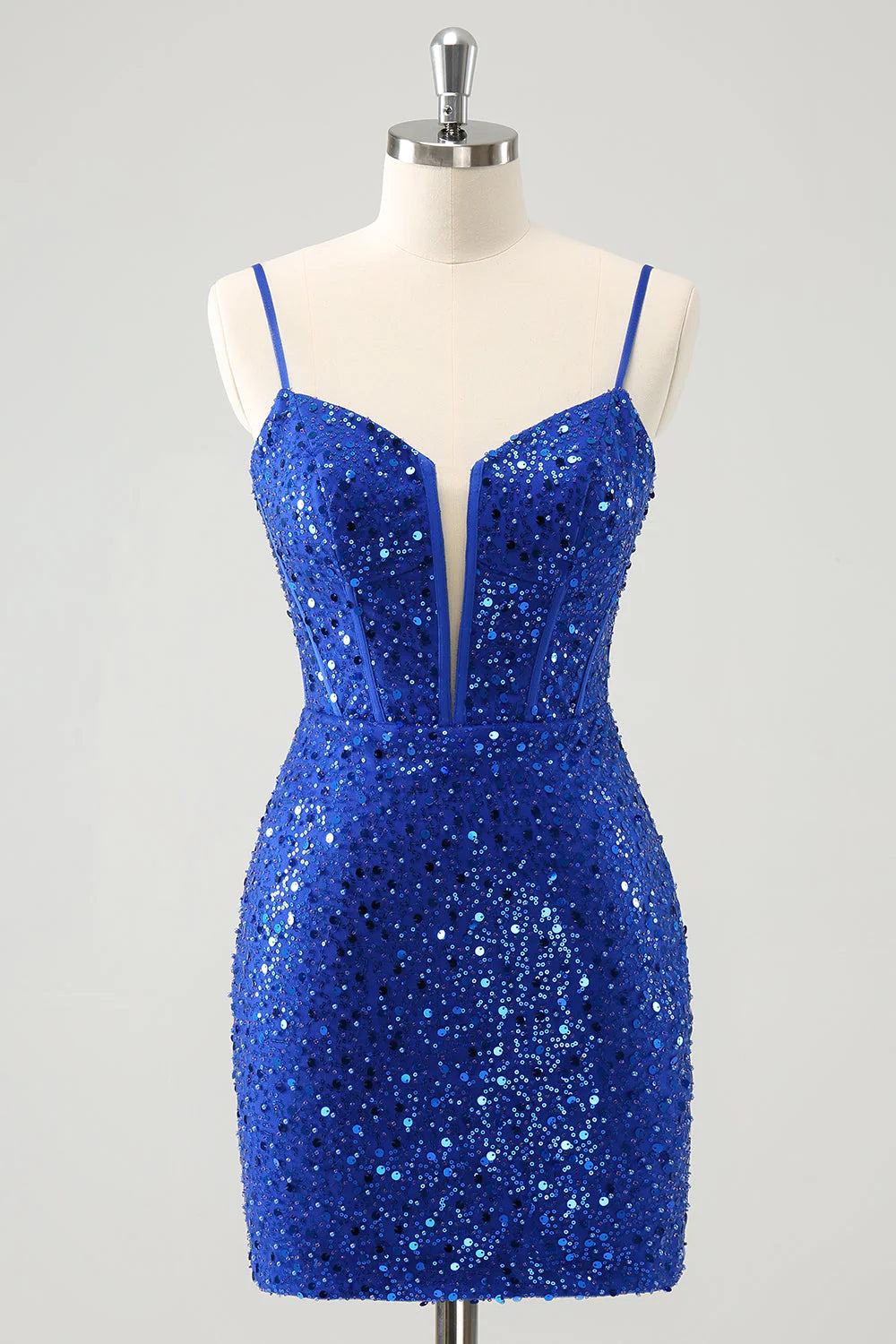 Amzcw Sparkly Royal Blue Corset Tight Short Homecoming Dress with Sequins