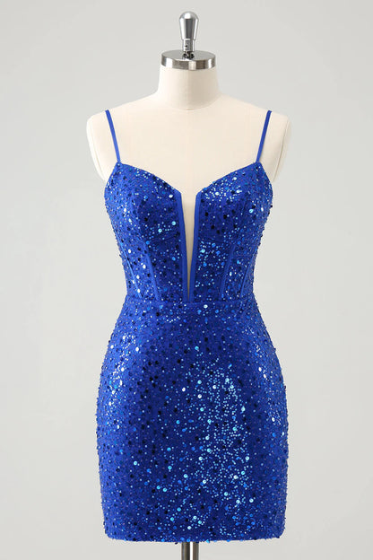 Amzcw Sparkly Royal Blue Corset Tight Short Homecoming Dress with Sequins