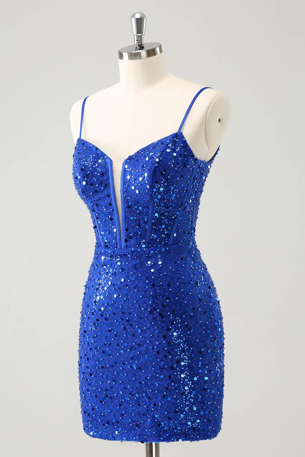 Amzcw Sparkly Royal Blue Corset Tight Short Homecoming Dress with Sequins