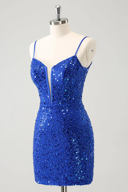 Amzcw Sparkly Royal Blue Corset Tight Short Homecoming Dress with Sequins