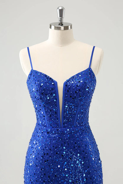 Amzcw Sparkly Royal Blue Corset Tight Short Homecoming Dress with Sequins