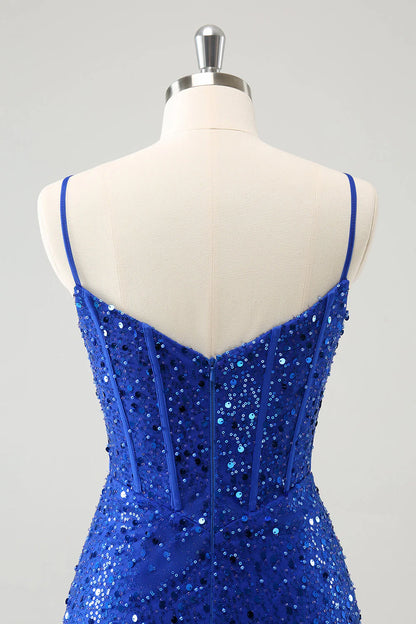 Amzcw Sparkly Royal Blue Corset Tight Short Homecoming Dress with Sequins