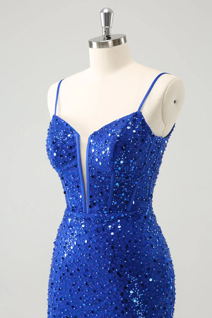 Amzcw Sparkly Royal Blue Corset Tight Short Homecoming Dress with Sequins