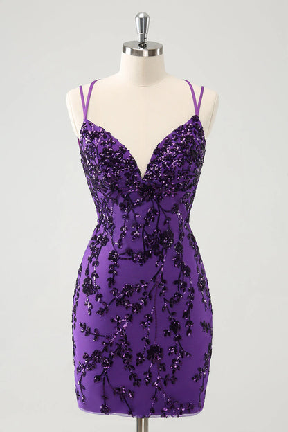 Amzcw Sparkly Purple Spaghetti Straps Tight Short Homecoming Dress with Appliques