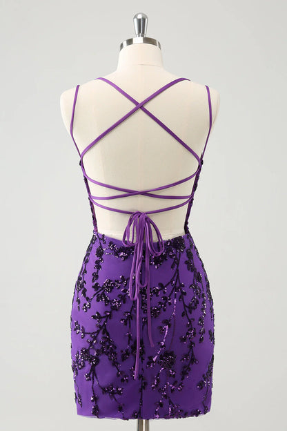 Amzcw Sparkly Purple Spaghetti Straps Tight Short Homecoming Dress with Appliques