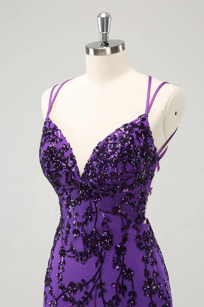 Amzcw Sparkly Purple Spaghetti Straps Tight Short Homecoming Dress with Appliques