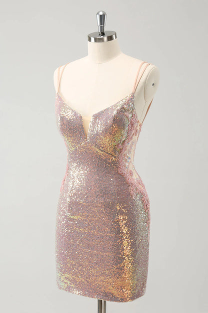 Amzcw Sparkly Blush Spaghetti Straps Tight Short Homecoming Dress with Lace-Up Back