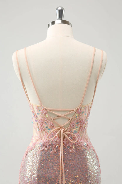 Amzcw Sparkly Blush Spaghetti Straps Tight Short Homecoming Dress with Lace-Up Back