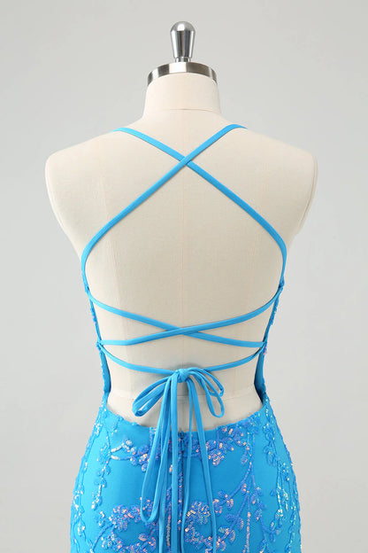 Amzcw Sparkly Sky Blue Tight Short Sequin Homecoming Dress with Lace-Up Back