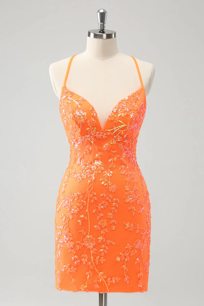 Amzcw Sparkly Orange Lace-Up Back Tight Short Homecoming Dress with Sequins