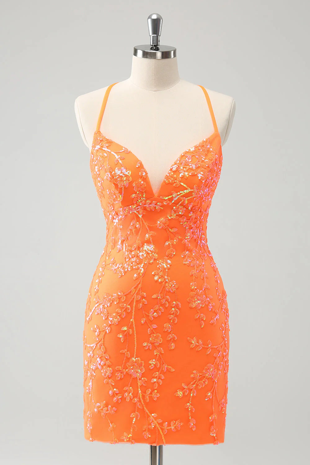 Amzcw Sparkly Orange Lace-Up Back Tight Short Homecoming Dress with Sequins