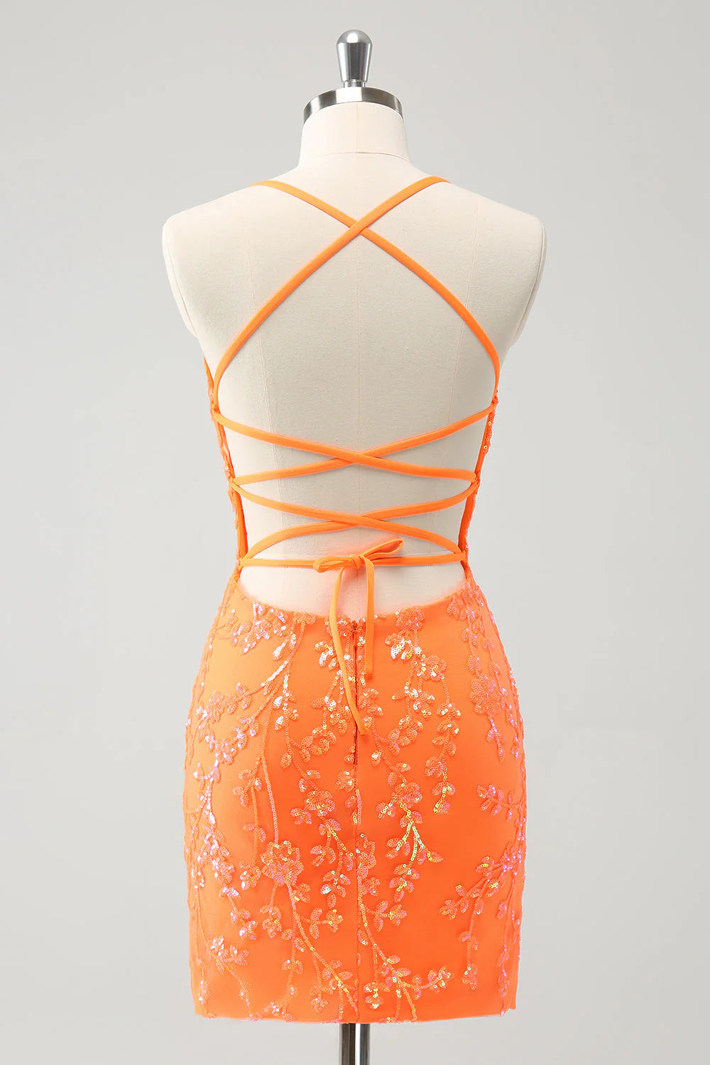 Amzcw Sparkly Orange Lace-Up Back Tight Short Homecoming Dress with Sequins