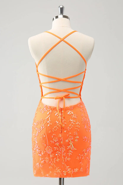 Amzcw Sparkly Orange Lace-Up Back Tight Short Homecoming Dress with Sequins