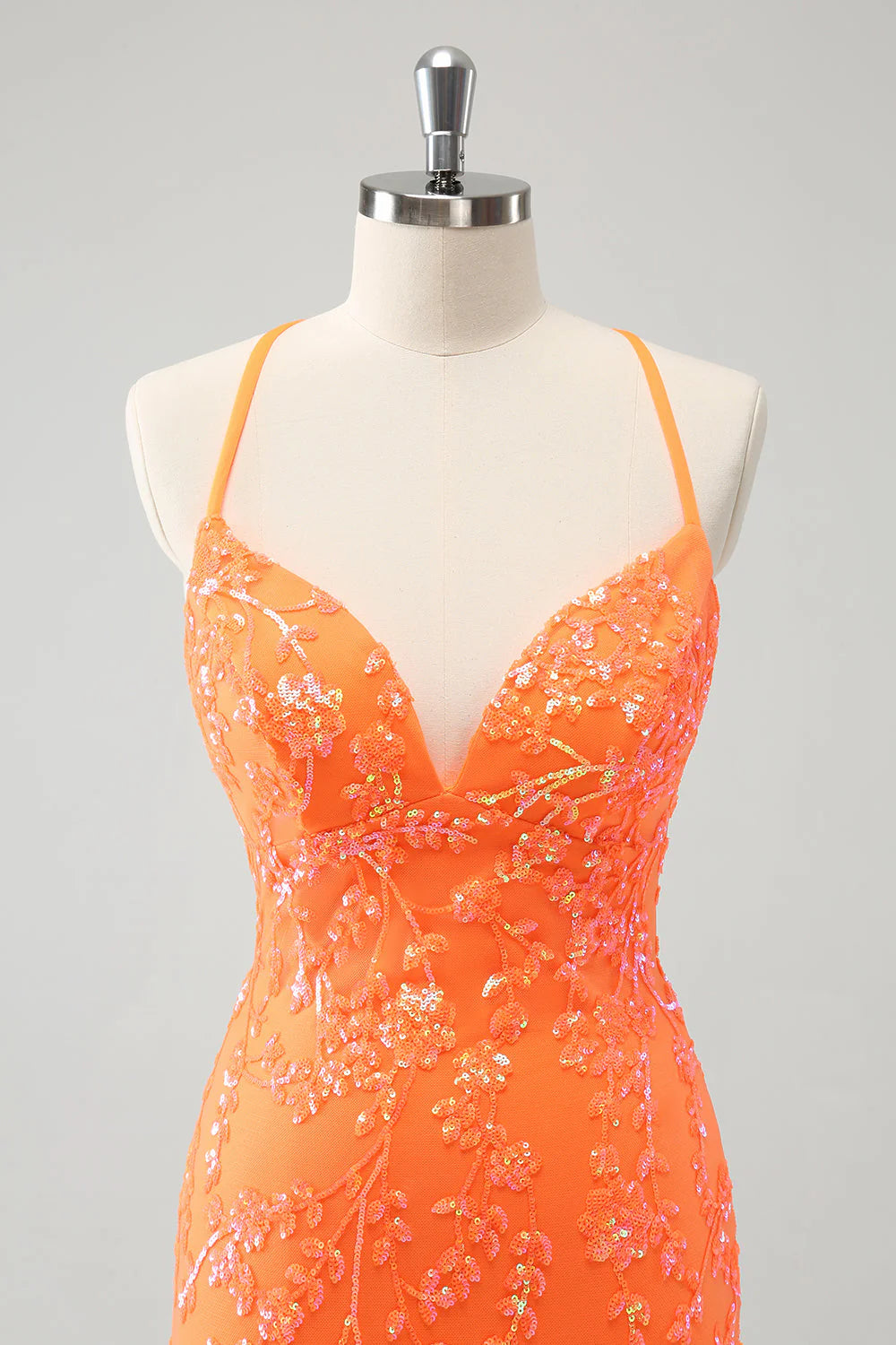 Amzcw Sparkly Orange Lace-Up Back Tight Short Homecoming Dress with Sequins