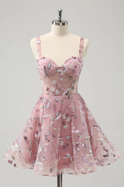 Amzcw Blush A Line Spaghetti Straps Short Corset Homecoming Dress with Sequins