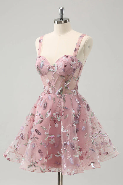 Amzcw Blush A Line Spaghetti Straps Short Corset Homecoming Dress with Sequins