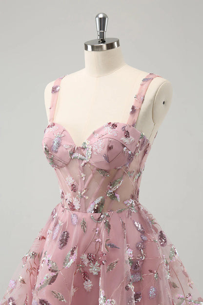 Amzcw Blush A Line Spaghetti Straps Short Corset Homecoming Dress with Sequins