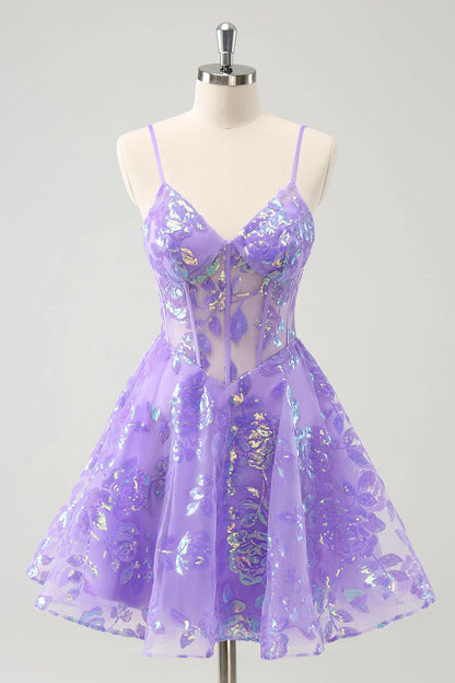 Amzcw Sparkly Lilac A-Line Spaghetti Straps Sequins Corset Homecoming Dress