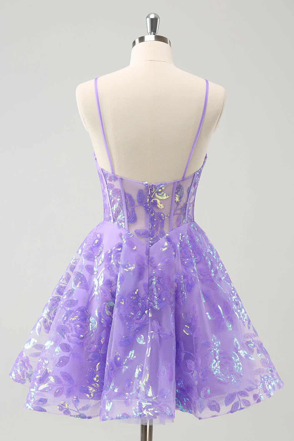Amzcw Sparkly Lilac A-Line Spaghetti Straps Sequins Corset Homecoming Dress