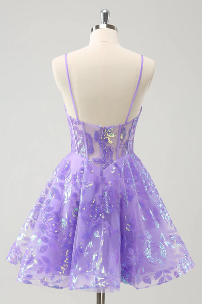 Amzcw Sparkly Lilac A-Line Spaghetti Straps Sequins Corset Homecoming Dress