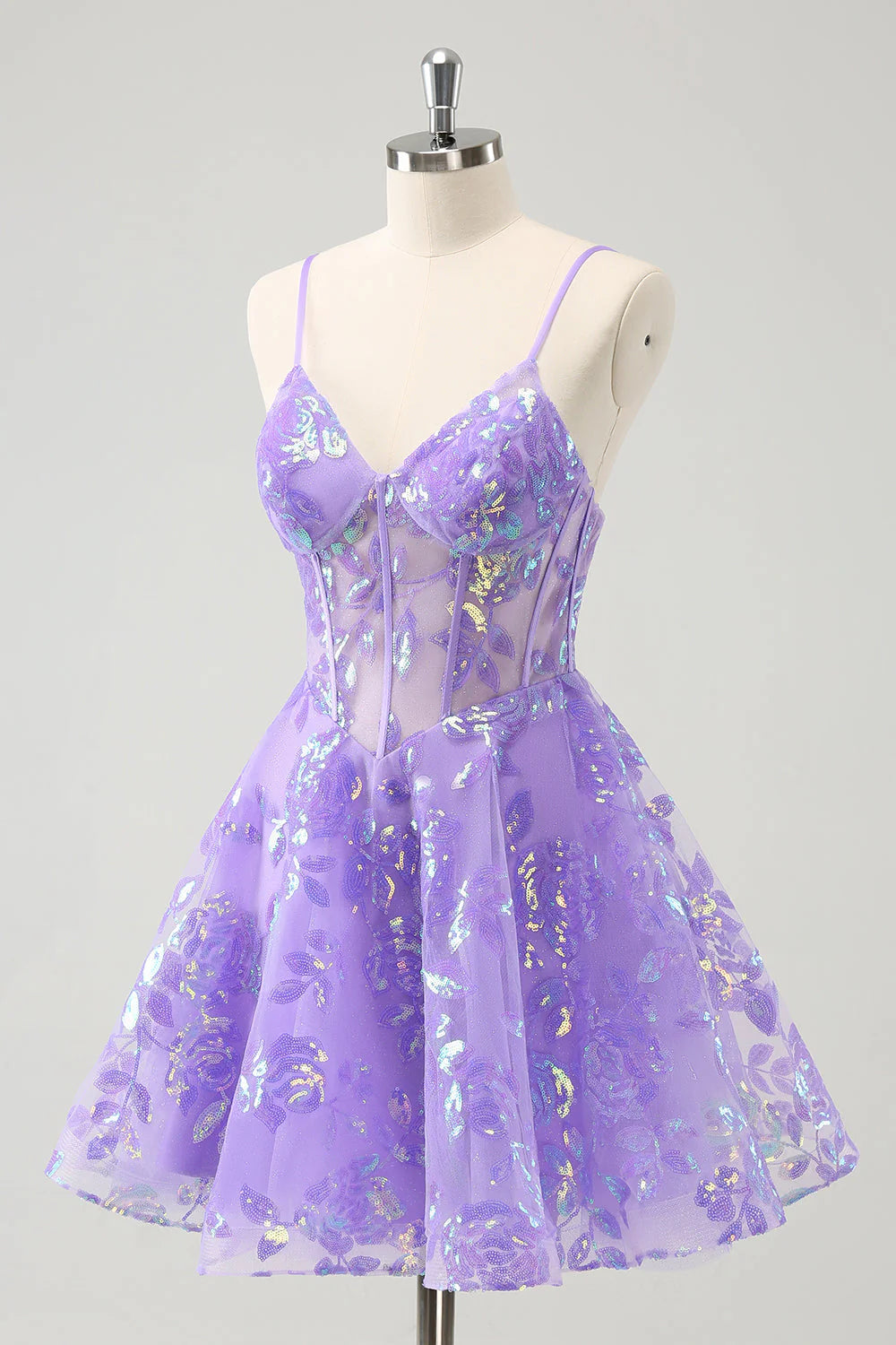 Amzcw Sparkly Lilac A-Line Spaghetti Straps Sequins Corset Homecoming Dress