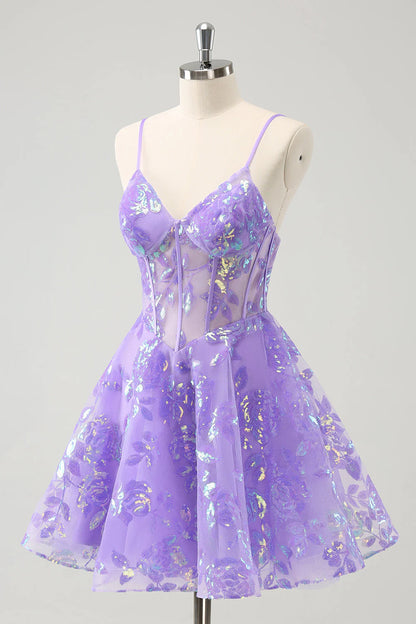 Amzcw Sparkly Lilac A-Line Spaghetti Straps Sequins Corset Homecoming Dress