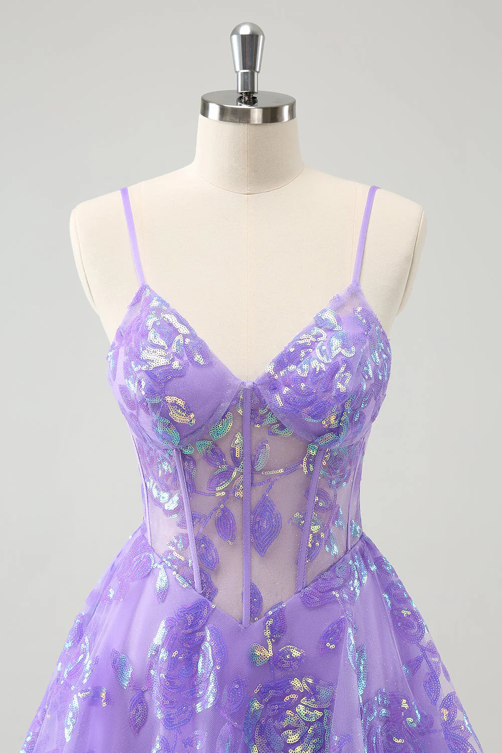 Amzcw Sparkly Lilac A-Line Spaghetti Straps Sequins Corset Homecoming Dress