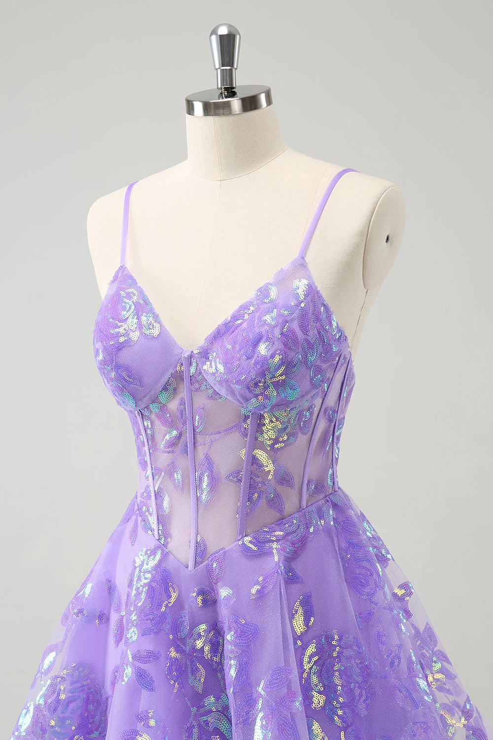 Amzcw Sparkly Lilac A-Line Spaghetti Straps Sequins Corset Homecoming Dress