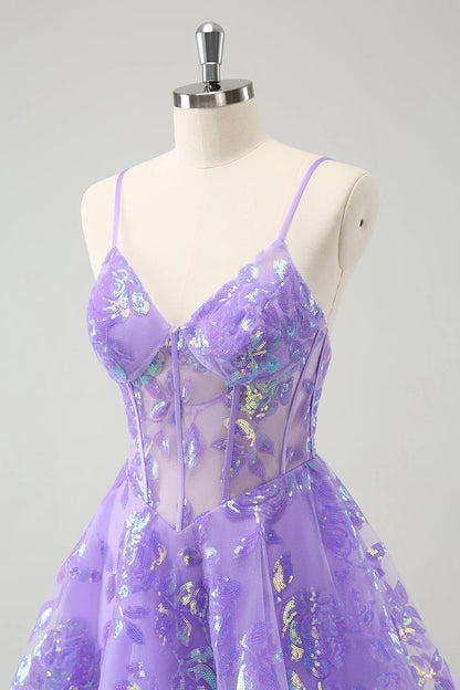 Amzcw Sparkly Lilac A-Line Spaghetti Straps Sequins Corset Homecoming Dress