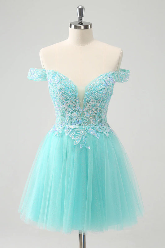 Amzcw Light Green A Line Sequins Pleated Corset Off The Shoulder Short Homecoming Dress