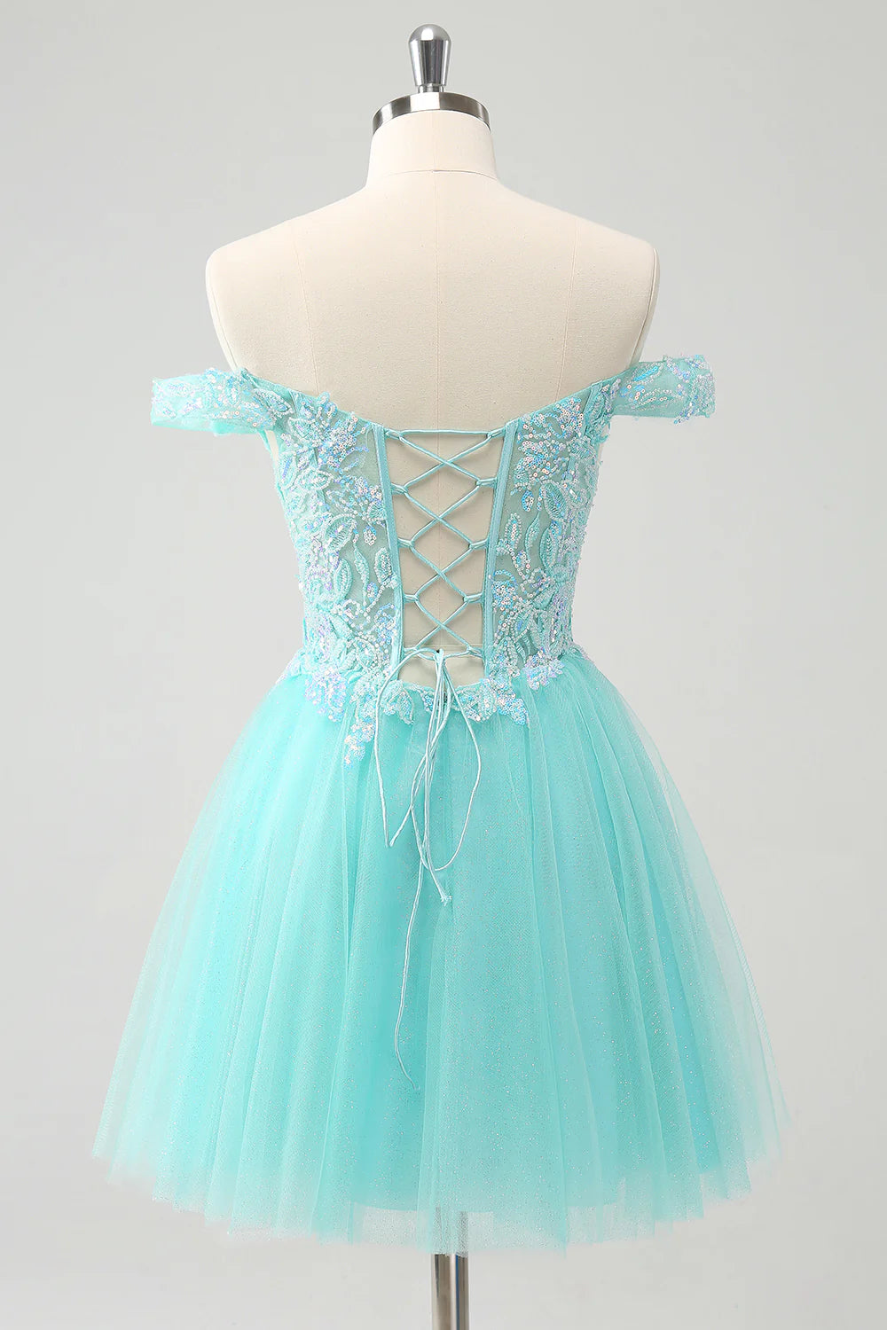 Amzcw Light Green A Line Sequins Pleated Corset Off The Shoulder Short Homecoming Dress