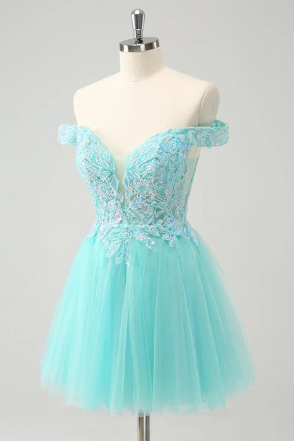 Amzcw Light Green A Line Sequins Pleated Corset Off The Shoulder Short Homecoming Dress