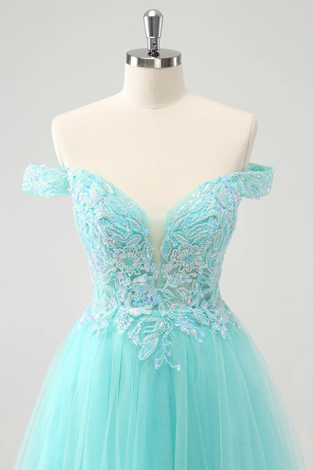 Amzcw Light Green A Line Sequins Pleated Corset Off The Shoulder Short Homecoming Dress